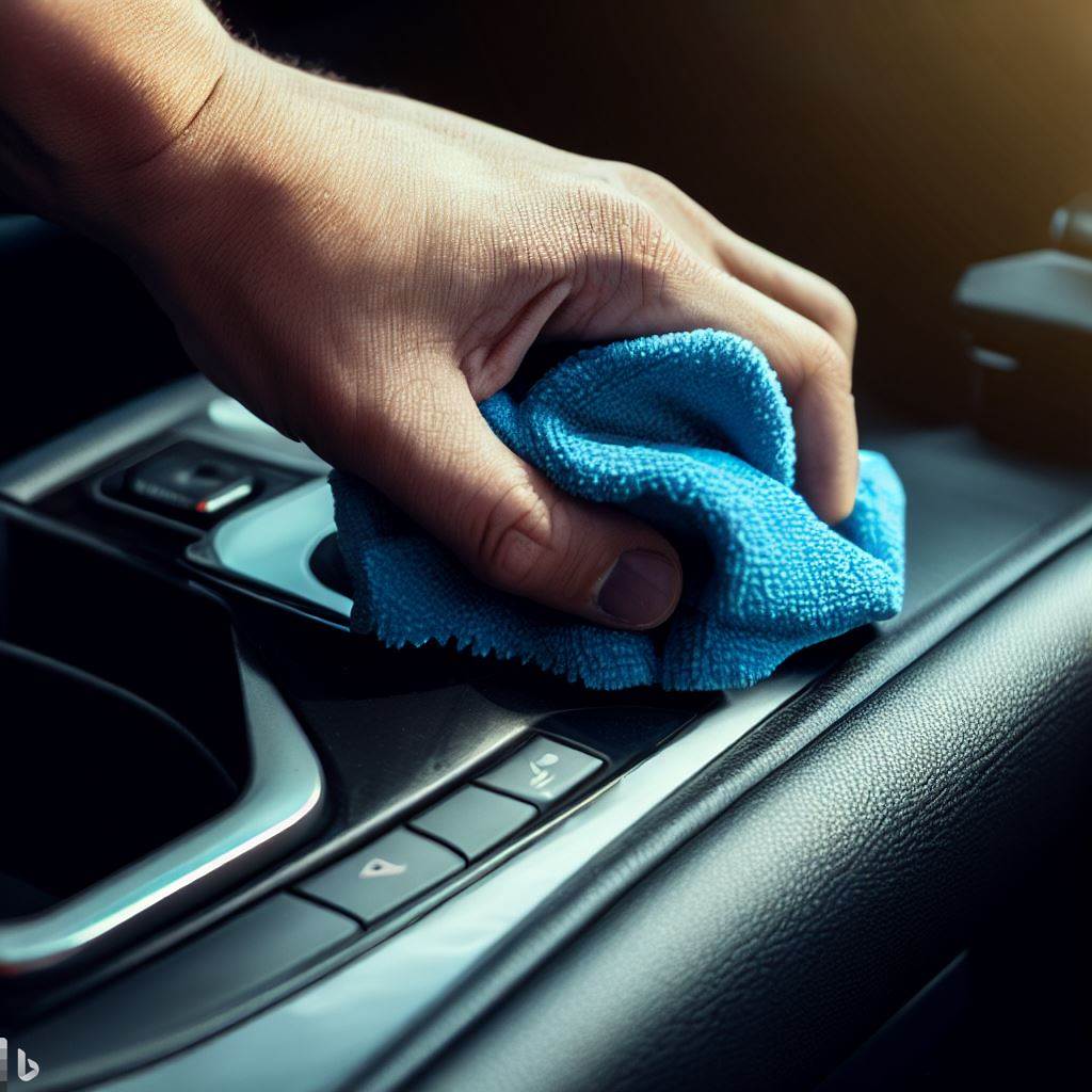 A microfiber cloth is being used to clean the center console of a car.