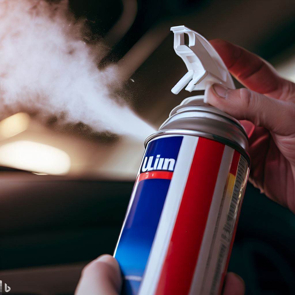 A can of compressed air is being used to clean the air vents of a car.