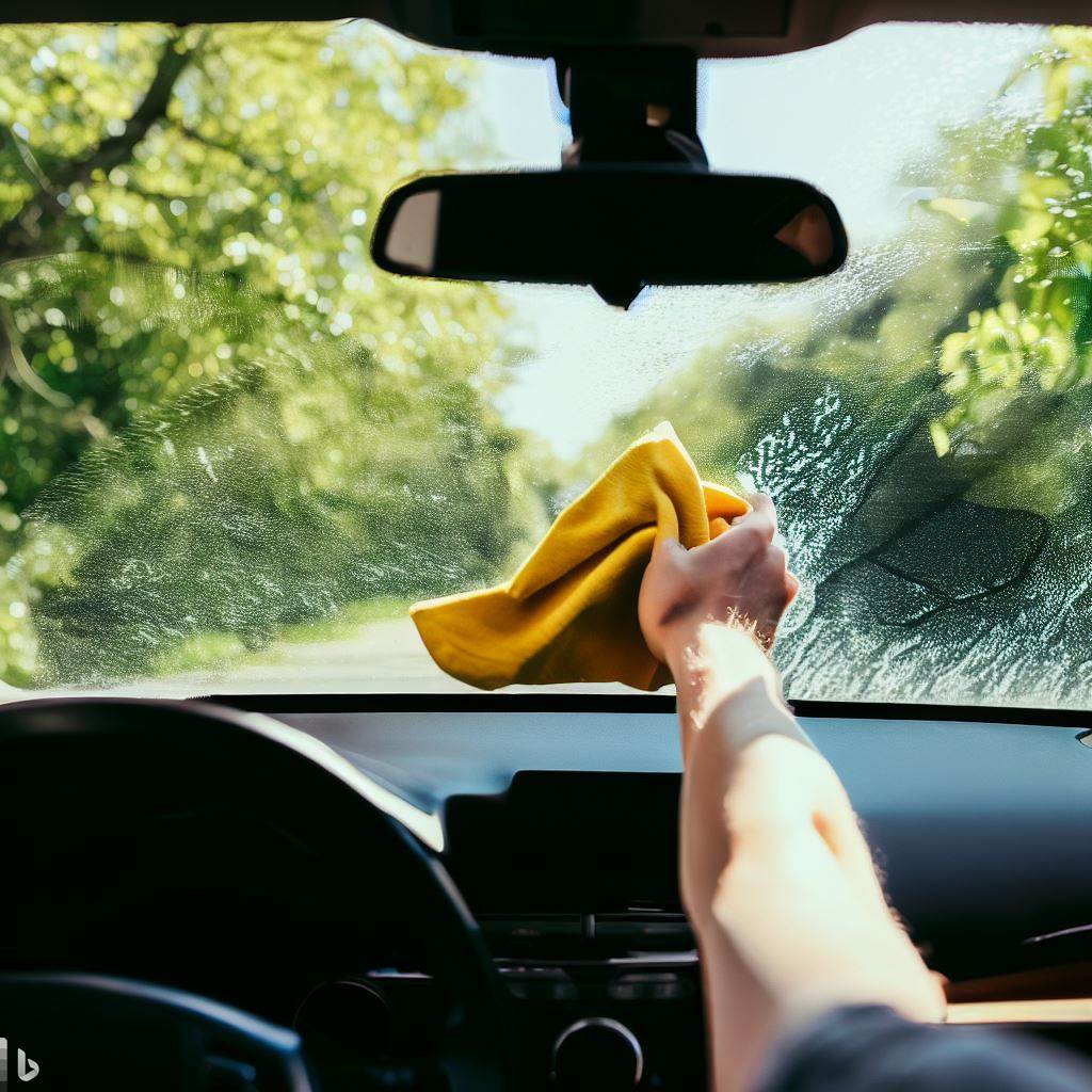 A person is wiping down the windows of a car.