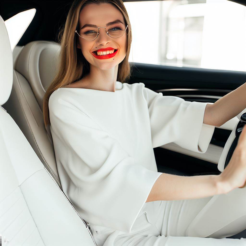 A person is smiling and sitting in a car with a clean interior.