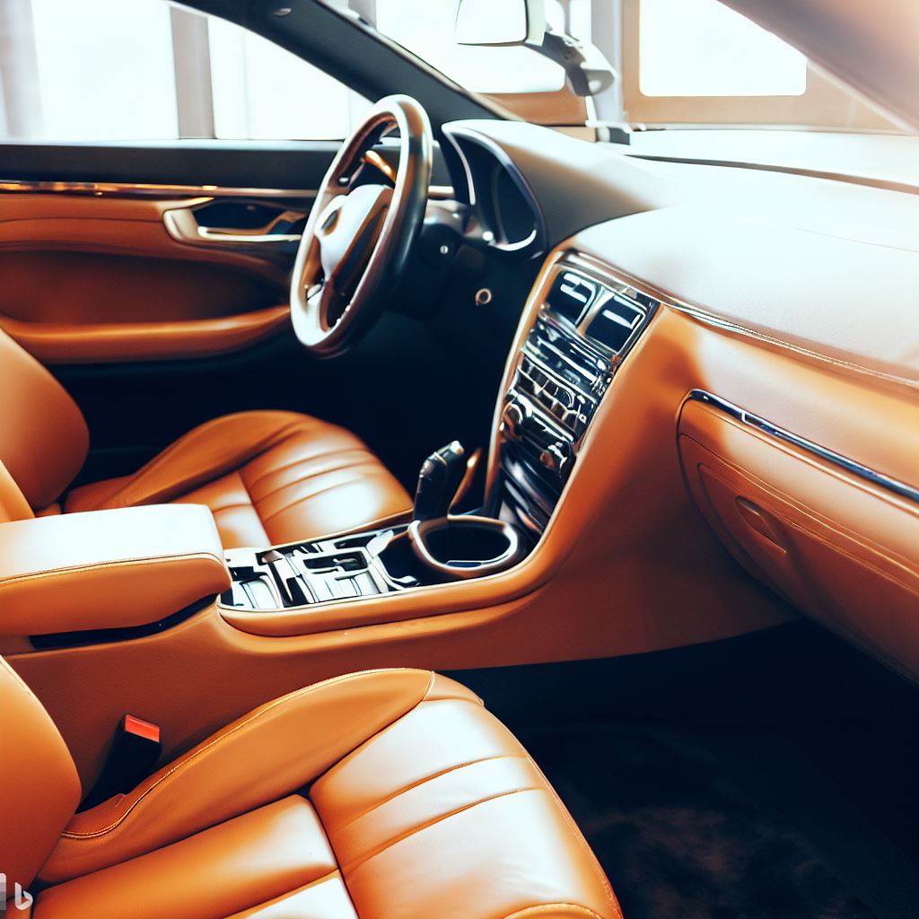 A photo realistic image of the pristine interior of a car. The leather seats, dashboard, door panels, and carpets are completely clean and free of dust, dirt, and debris. The interior has a bright, showroom shine thanks to thorough DIY interior detailing.