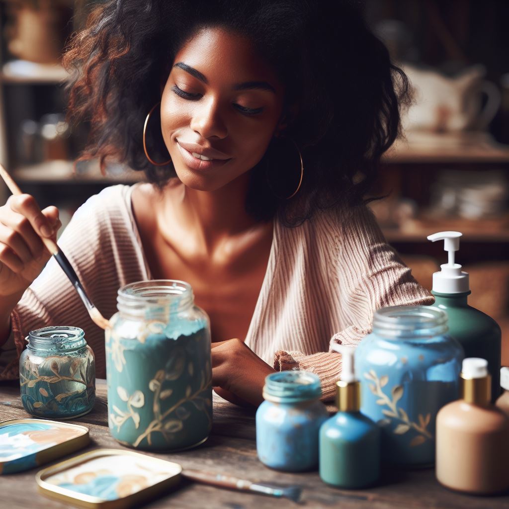 Woman painting repurposed glass jars to use as bathroom dispensers