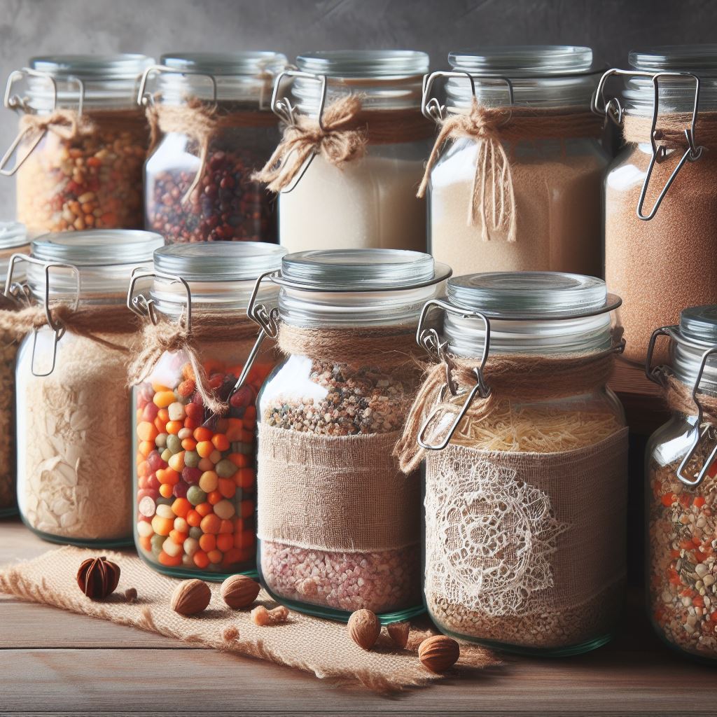 Glass jars repurposed for dry food pantry storage