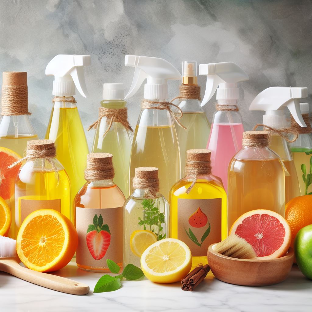 Array of cleaning spray bottles filled with DIY homemade cleaners