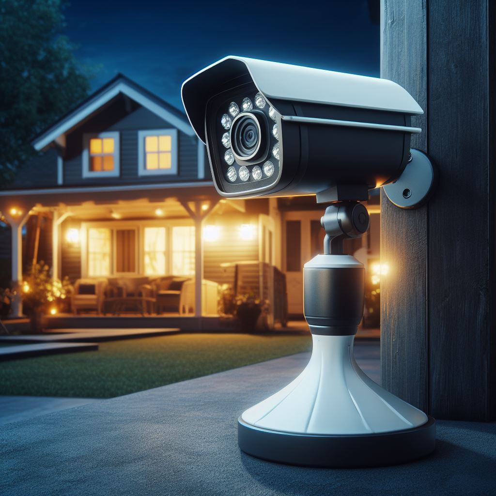 Outdoor security camera with motion detection and night vision.
