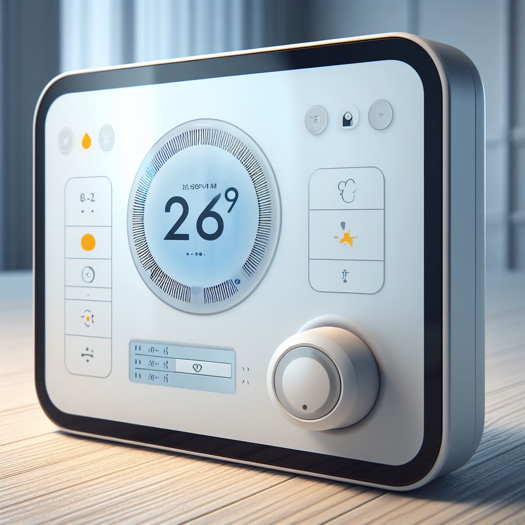 Smart thermostat with touchscreen control and energy-saving features.