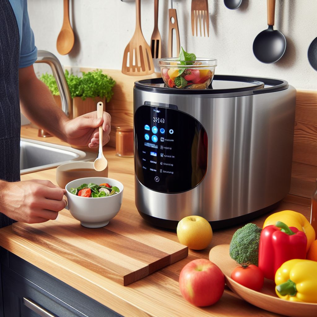 Smart kitchen appliance assisting with meal preparation.