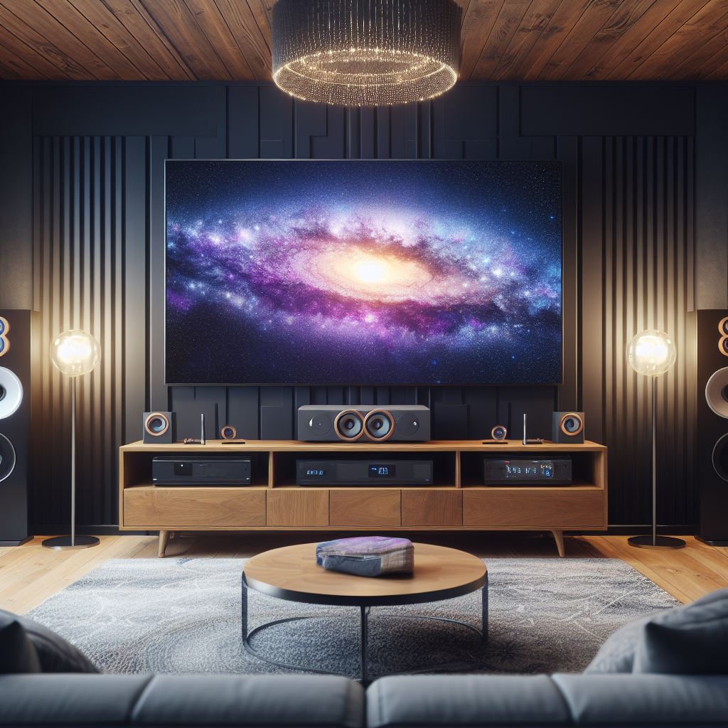 Home theater setup with a smart TV and surround sound.