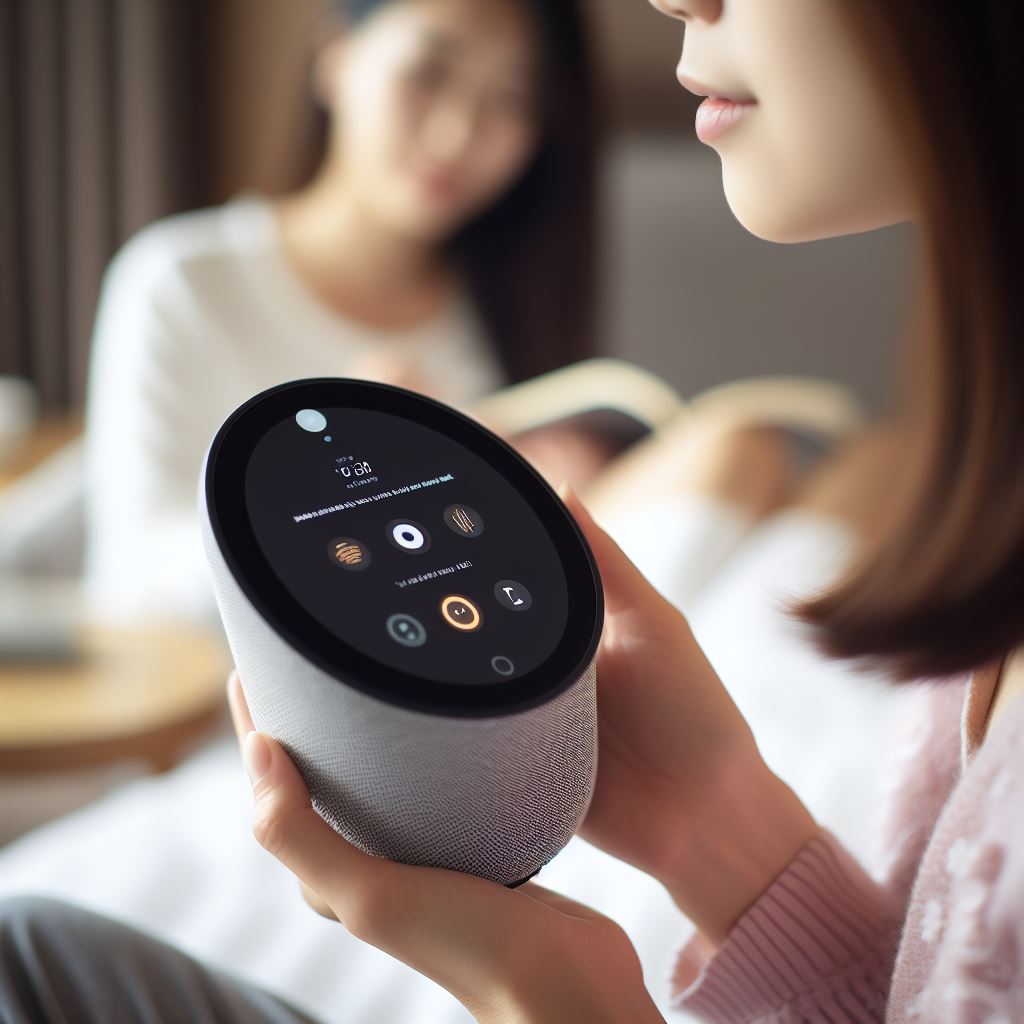 Voice-activated assistant device with a touch screen.
