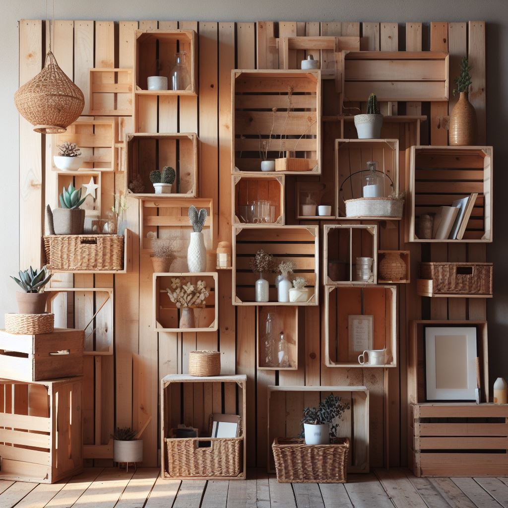 Wood crates stacked into DIY wall shelves